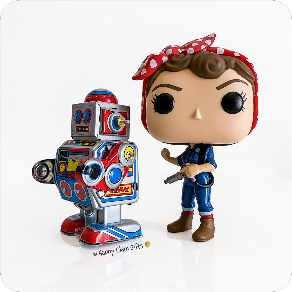 Funko Pop Rosie the Riveter working on a robot